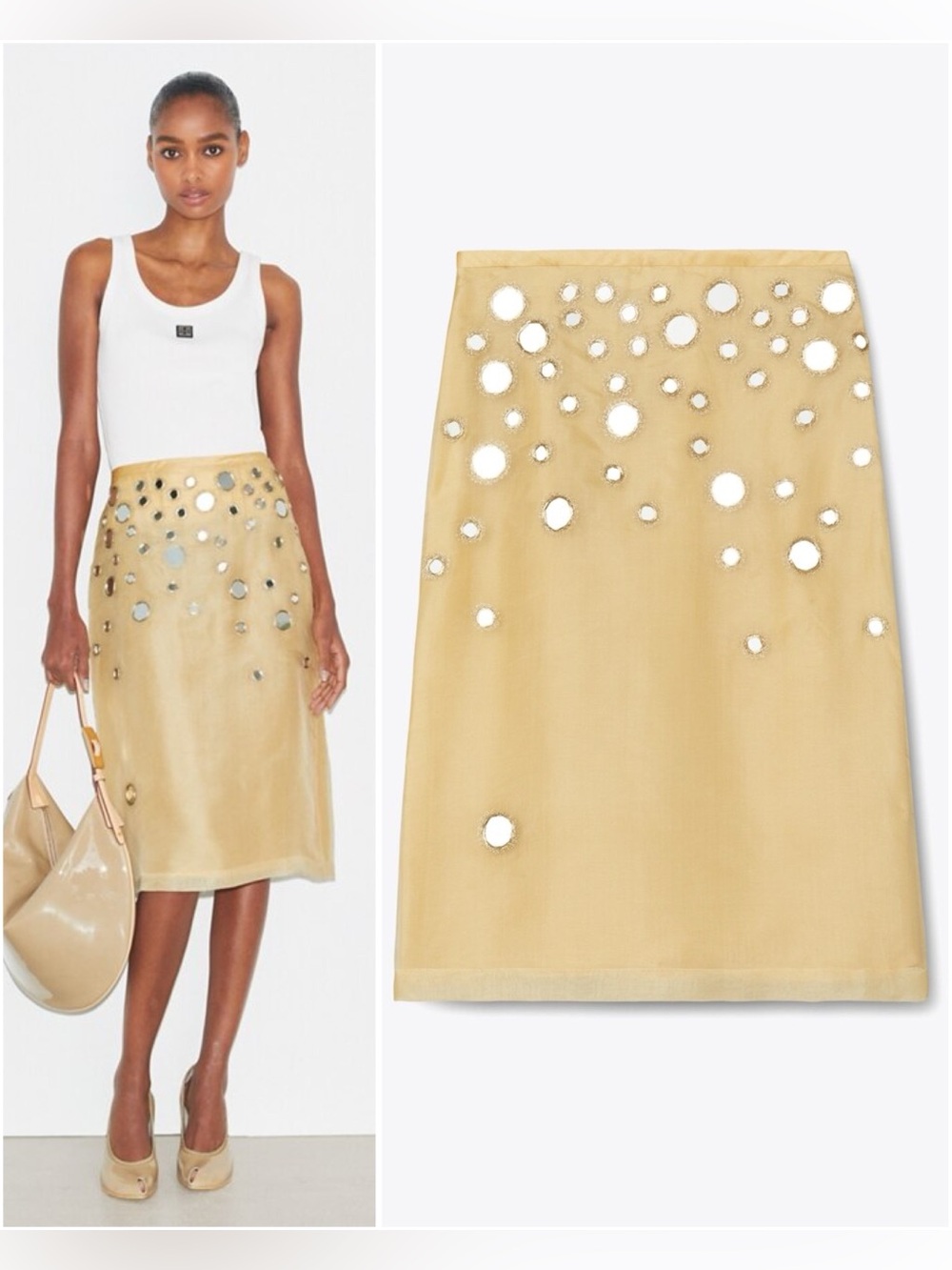 NWOT Tory Burch Natural Silk Mirror-Embellished Midi Skirt $1,750 2